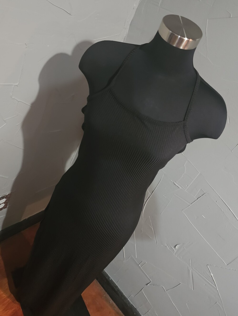 Black Slim Ribbed Maxi Dress with Side Slit